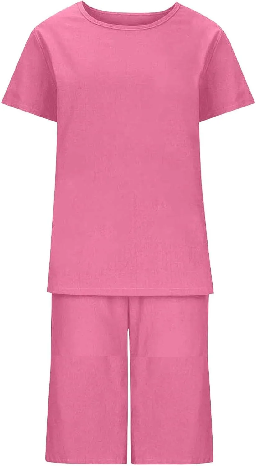 Summer Outfits for Women 2025 Short Sleeve Tops with Bermuda Shorts Lightweight Gauze Lounge Set with Pockets