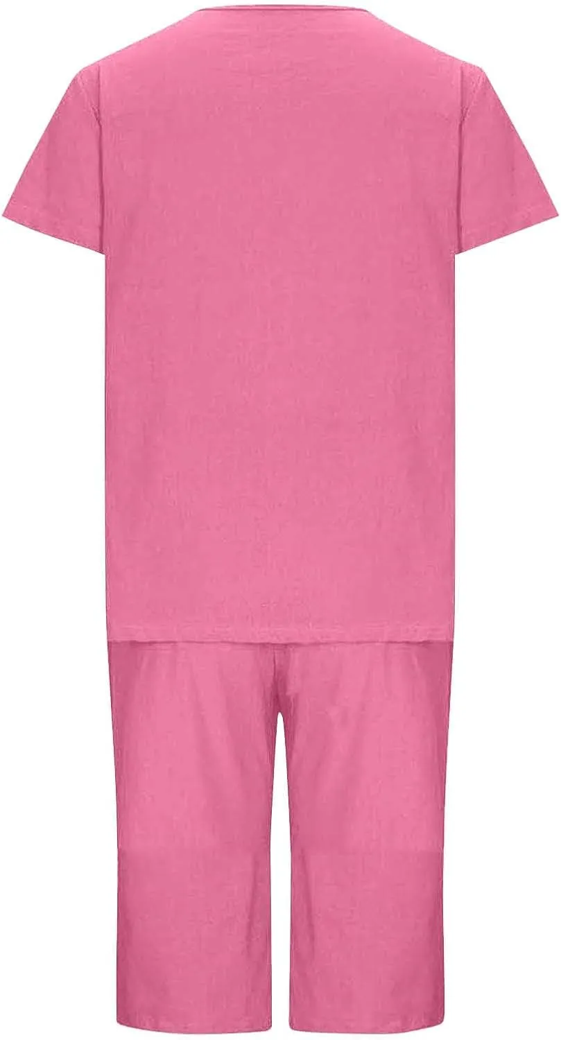 Summer Outfits for Women 2025 Short Sleeve Tops with Bermuda Shorts Lightweight Gauze Lounge Set with Pockets