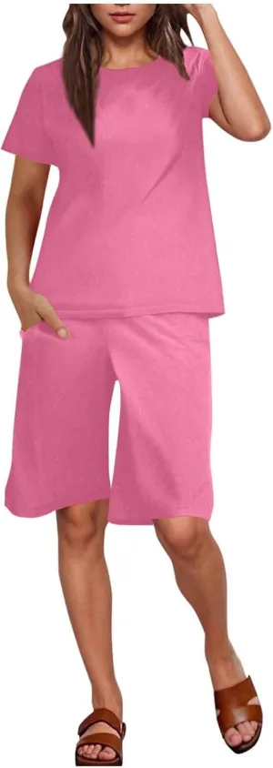 Summer Outfits for Women 2025 Short Sleeve Tops with Bermuda Shorts Lightweight Gauze Lounge Set with Pockets