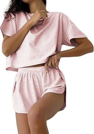 Summer Pajamas for Women Set Crewneck Striped Tee Shirts and Split Shorts Pajamas Set Loungewear 2 Piece Lounge Sets
