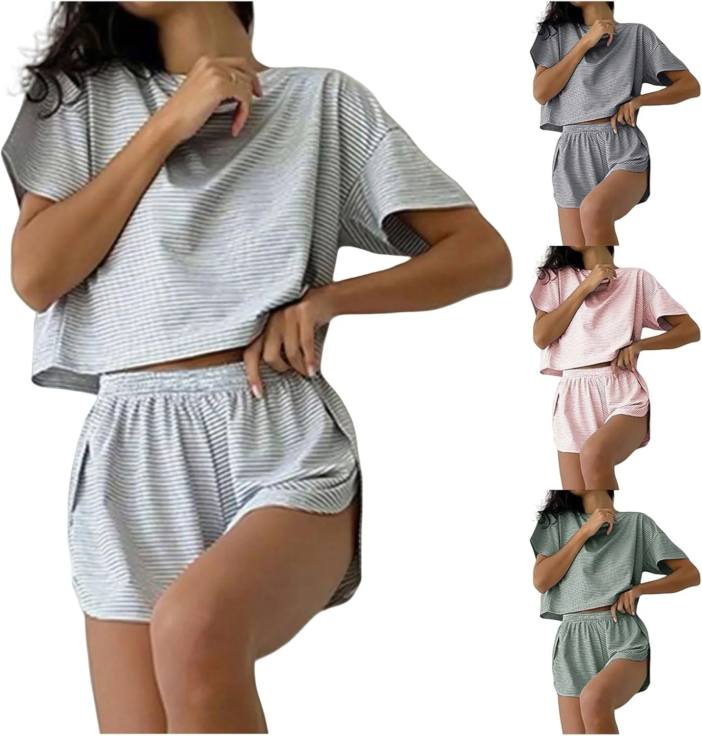 Summer Pajamas for Women Set Crewneck Striped Tee Shirts and Split Shorts Pajamas Set Loungewear 2 Piece Lounge Sets