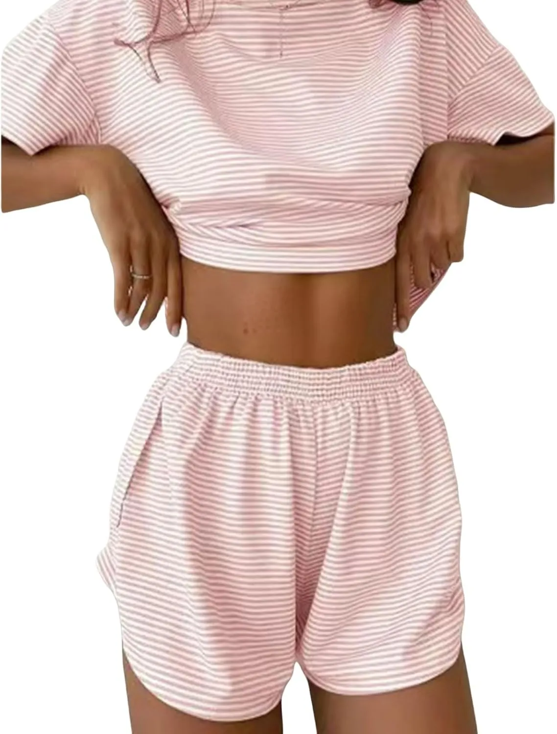 Summer Pajamas for Women Set Crewneck Striped Tee Shirts and Split Shorts Pajamas Set Loungewear 2 Piece Lounge Sets