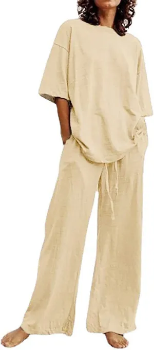 Summer Plus Size Linen Pant Sets Women 2 Piece Outfits Oversized Loose Lounge Set Shirt Top Wide Leg Pants Pajama Set