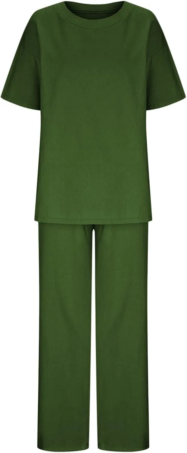 Summer Plus Size Linen Pant Sets Women 2 Piece Outfits Oversized Loose Lounge Set Shirt Top Wide Leg Pants Pajama Set