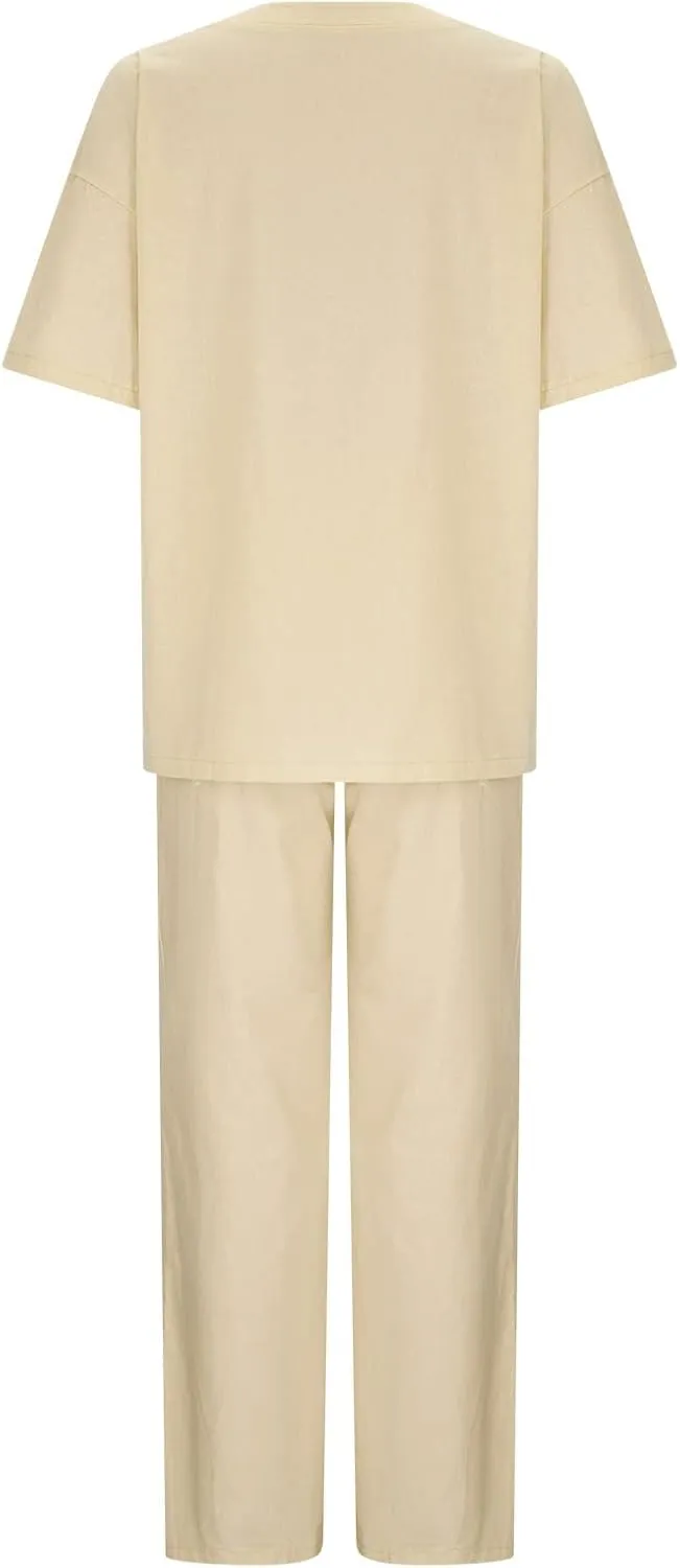 Summer Plus Size Linen Pant Sets Women 2 Piece Outfits Oversized Loose Lounge Set Shirt Top Wide Leg Pants Pajama Set