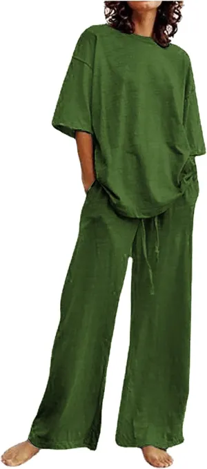 Summer Plus Size Linen Pant Sets Women 2 Piece Outfits Oversized Loose Lounge Set Shirt Top Wide Leg Pants Pajama Set
