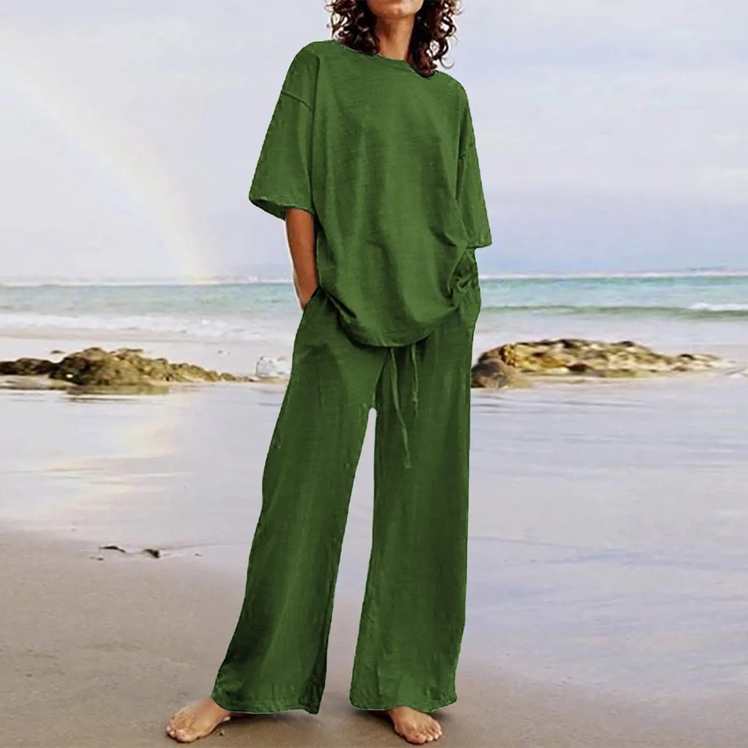 Summer Plus Size Linen Pant Sets Women 2 Piece Outfits Oversized Loose Lounge Set Shirt Top Wide Leg Pants Pajama Set