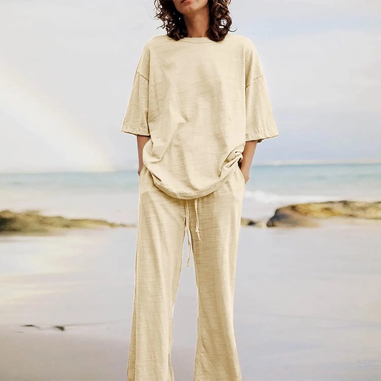 Summer Plus Size Linen Pant Sets Women 2 Piece Outfits Oversized Loose Lounge Set Shirt Top Wide Leg Pants Pajama Set