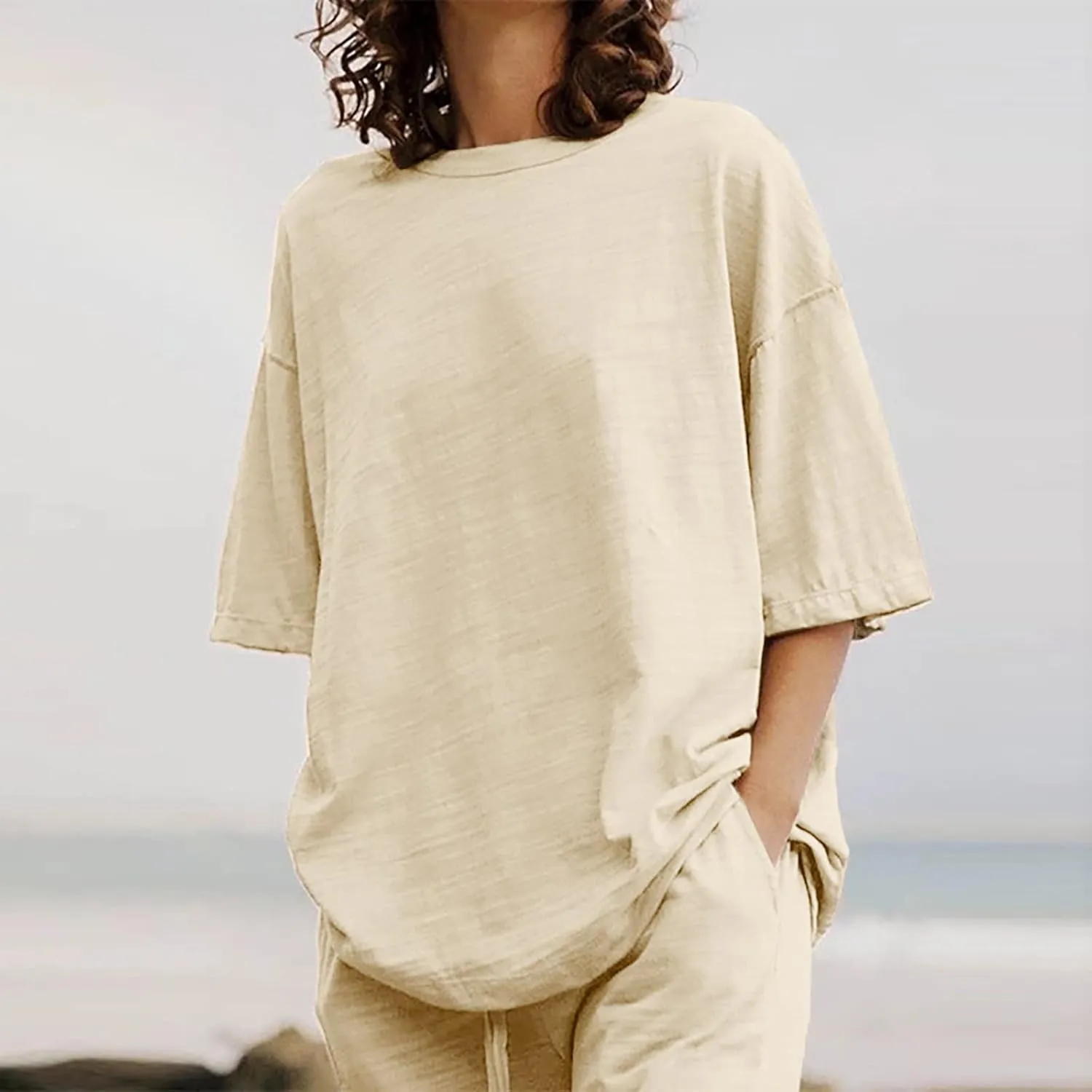 Summer Plus Size Linen Pant Sets Women 2 Piece Outfits Oversized Loose Lounge Set Shirt Top Wide Leg Pants Pajama Set