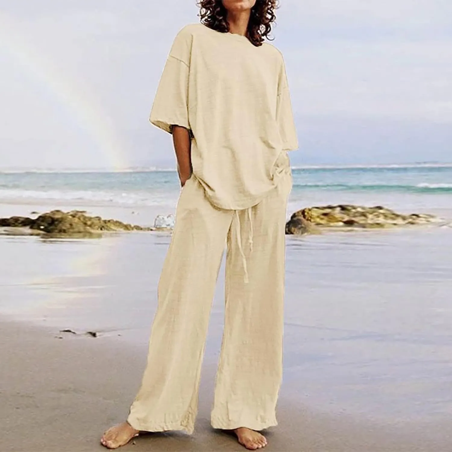Summer Plus Size Linen Pant Sets Women 2 Piece Outfits Oversized Loose Lounge Set Shirt Top Wide Leg Pants Pajama Set