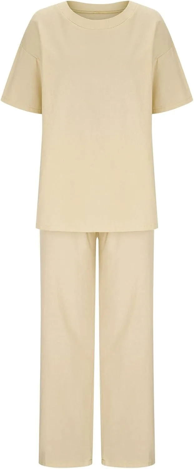 Summer Plus Size Linen Pant Sets Women 2 Piece Outfits Oversized Loose Lounge Set Shirt Top Wide Leg Pants Pajama Set