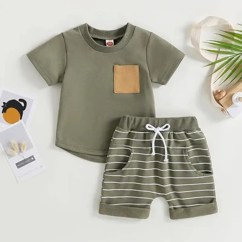 Summer Toddler Boys Short Sleeve Colorblock T-shirt with Striped Shorts