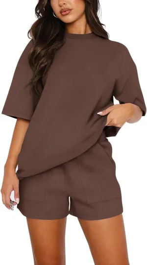 Summer Two Piece Sets for Women Casual Short Sleeve Pullover Tops Matching Bike Shorts Lounge Outfits