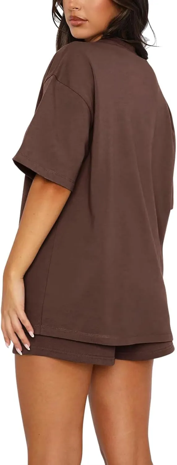 Summer Two Piece Sets for Women Casual Short Sleeve Pullover Tops Matching Bike Shorts Lounge Outfits