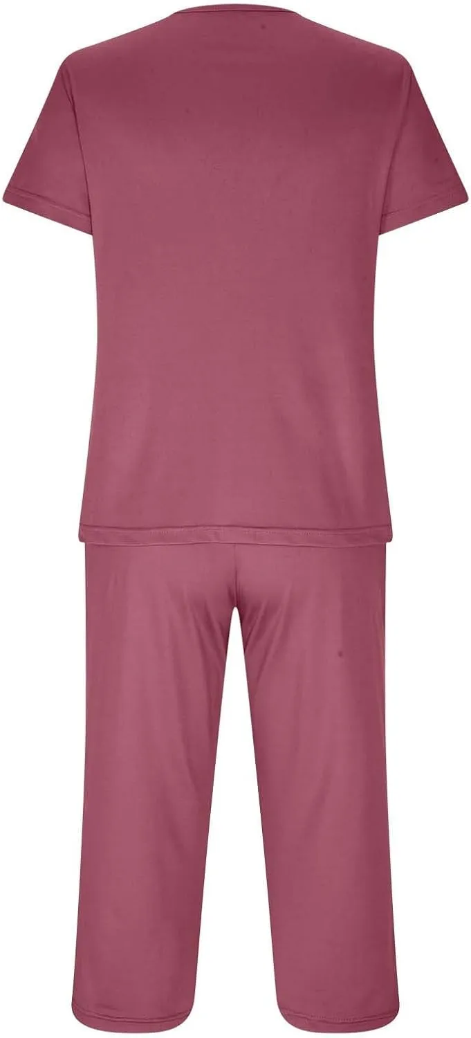 Summer Womens' Pajamas Set V Hollow Neck Short Sleeve and Casual Loose Capri Lounge Pant 2 Piece Sleepwear Set