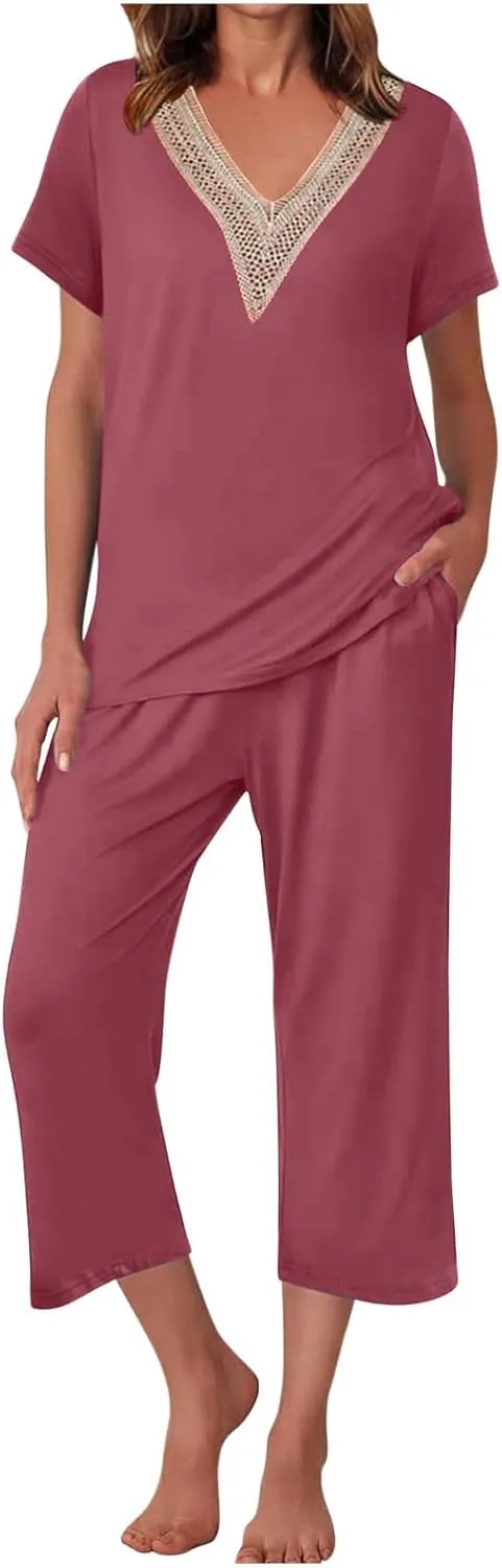 Summer Womens' Pajamas Set V Hollow Neck Short Sleeve and Casual Loose Capri Lounge Pant 2 Piece Sleepwear Set