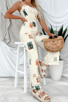 Sun & Done Printed Wide Leg Jumpsuit (Cream) VNeckline