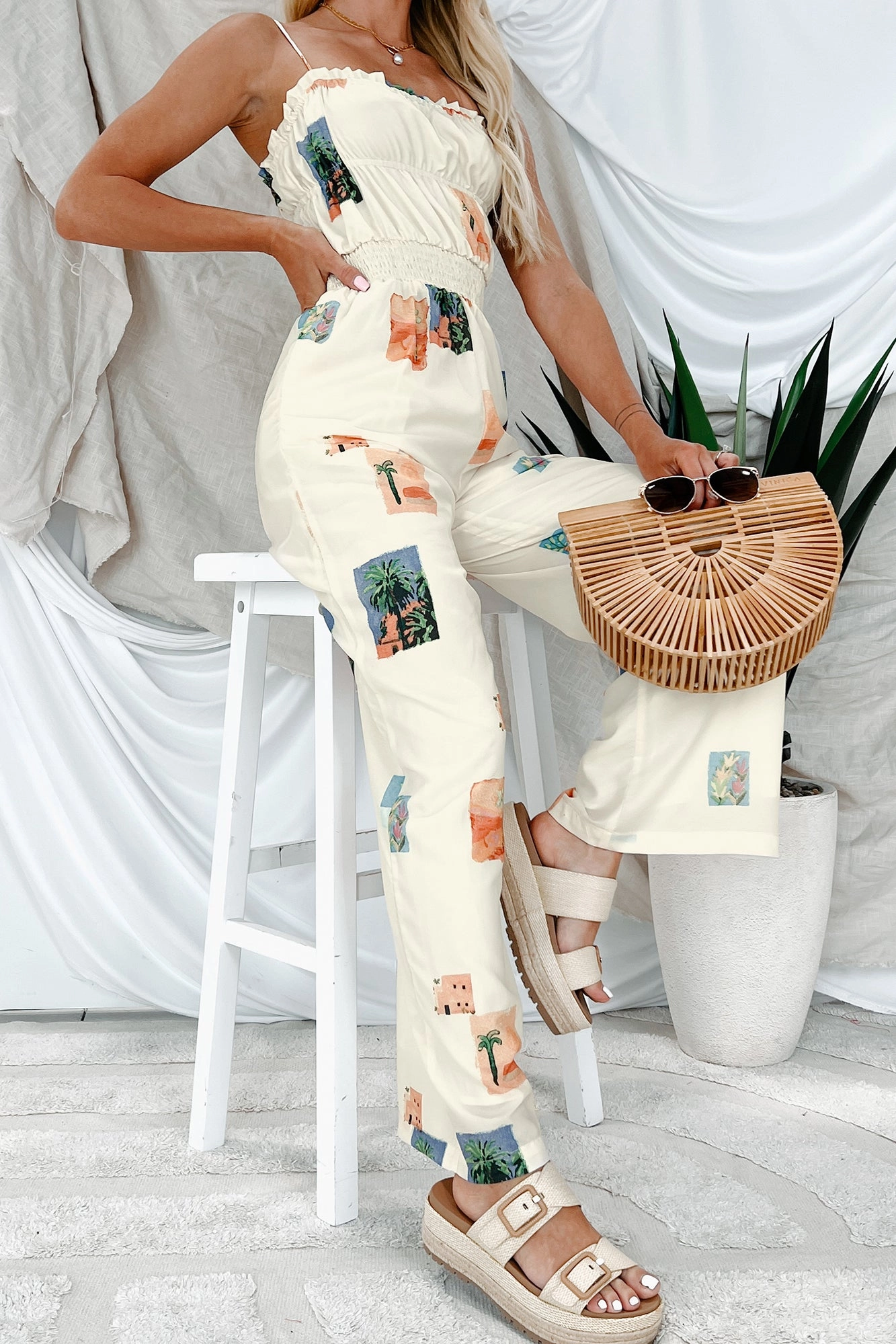 Sun & Done Printed Wide Leg Jumpsuit (Cream) VNeckline