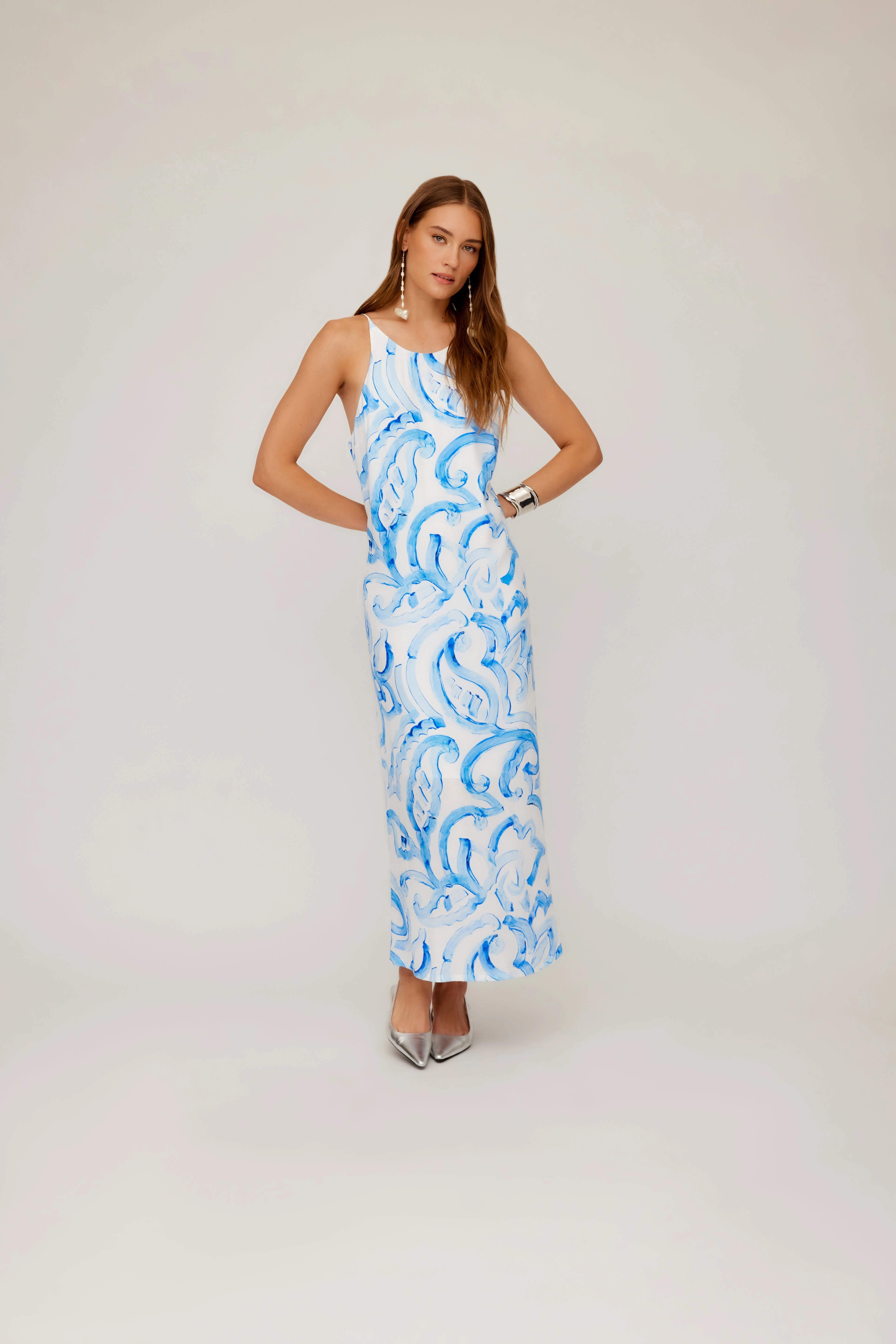 Sera A Line Midi Painted Paisley Print Cool Undertone Minimalist feel