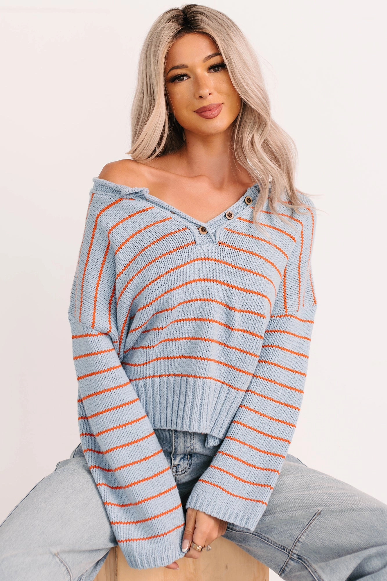 SeamlessDesign Sunday Comfort Striped Henley Sweater (Blue/Orange)