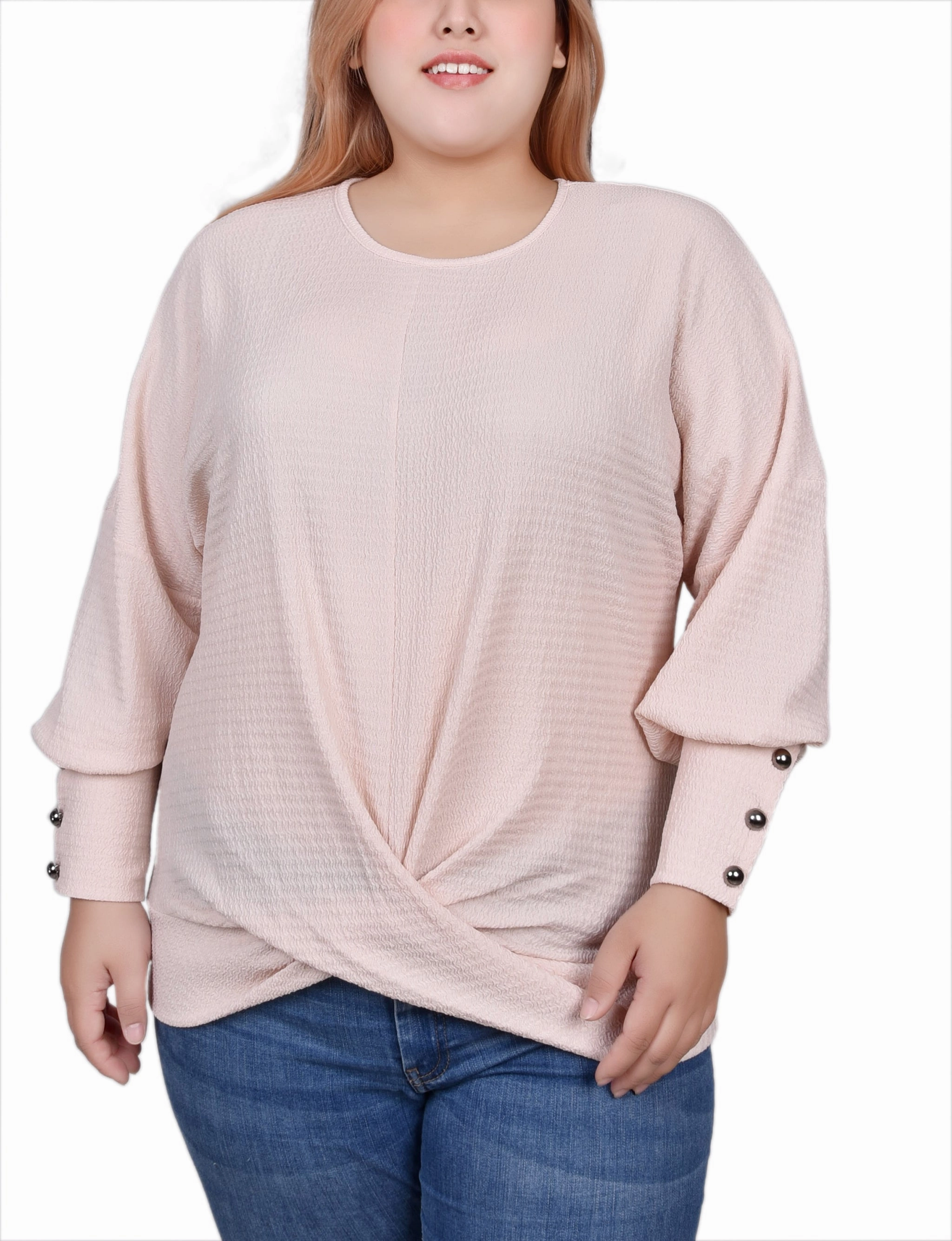 Non Restrictive Armhole Cut MultiDirectionalStretch Plus Size Long Sleeve Textured Knit Top