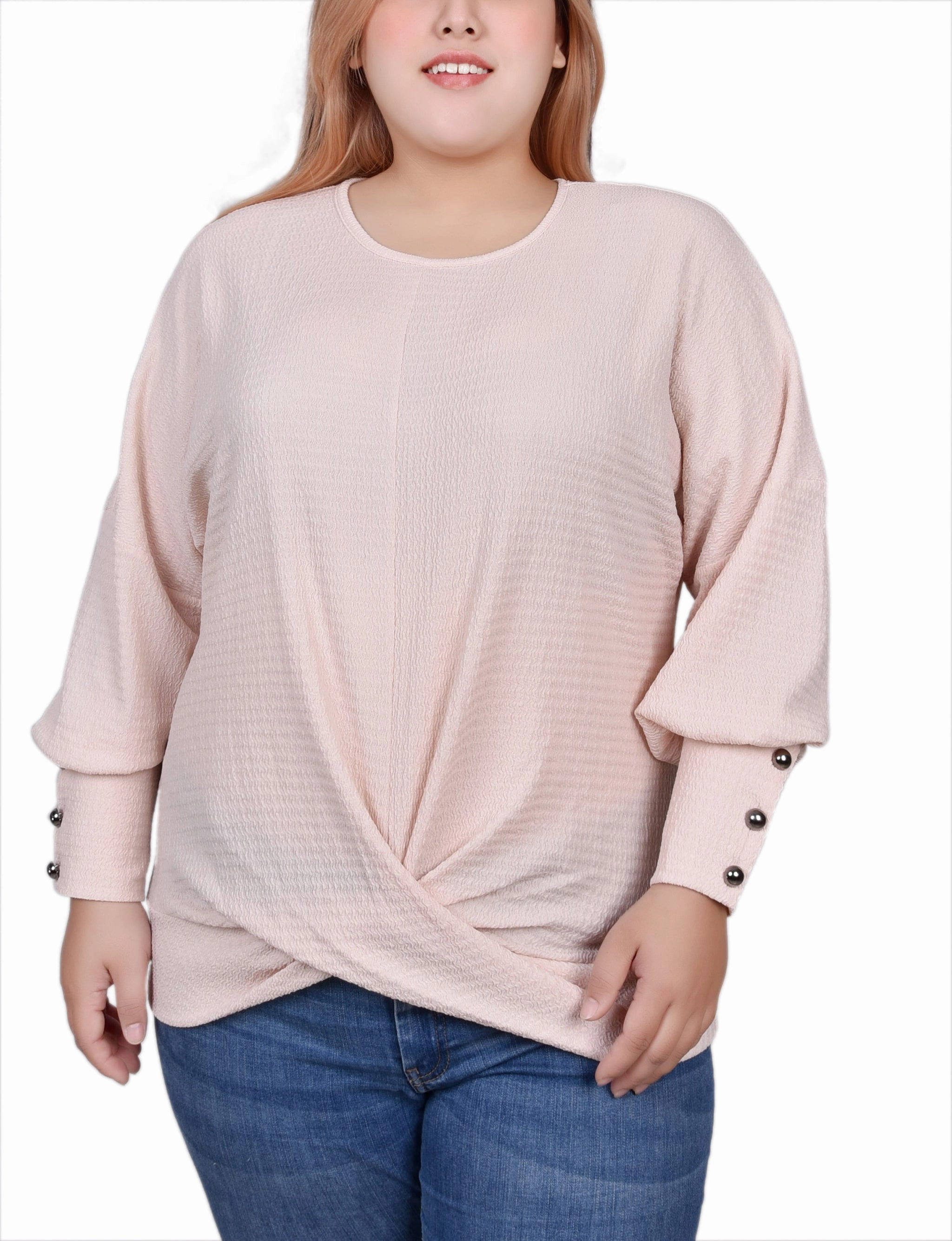 Plus Size Long Sleeve Textured Knit Top Adaptive Temperature Control