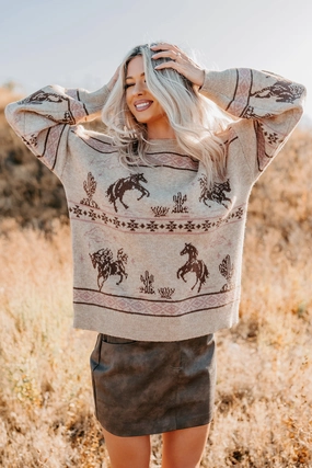 slim fit RollUpCuff Range Romance Western Print Sweater (Taupe)