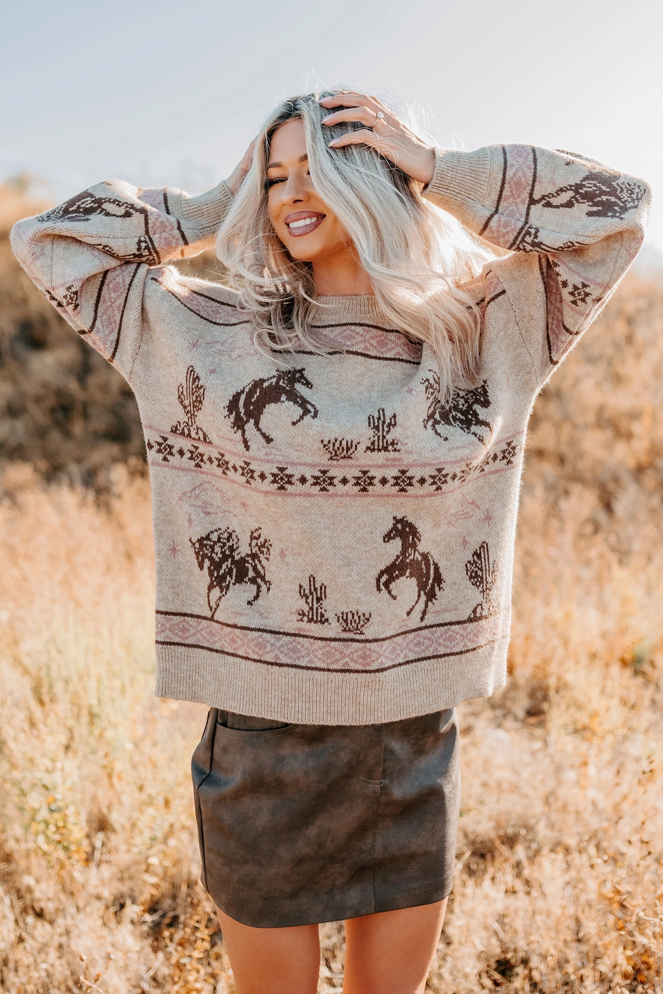 Range Romance Western Print Sweater (Taupe) Non Irritating Seams