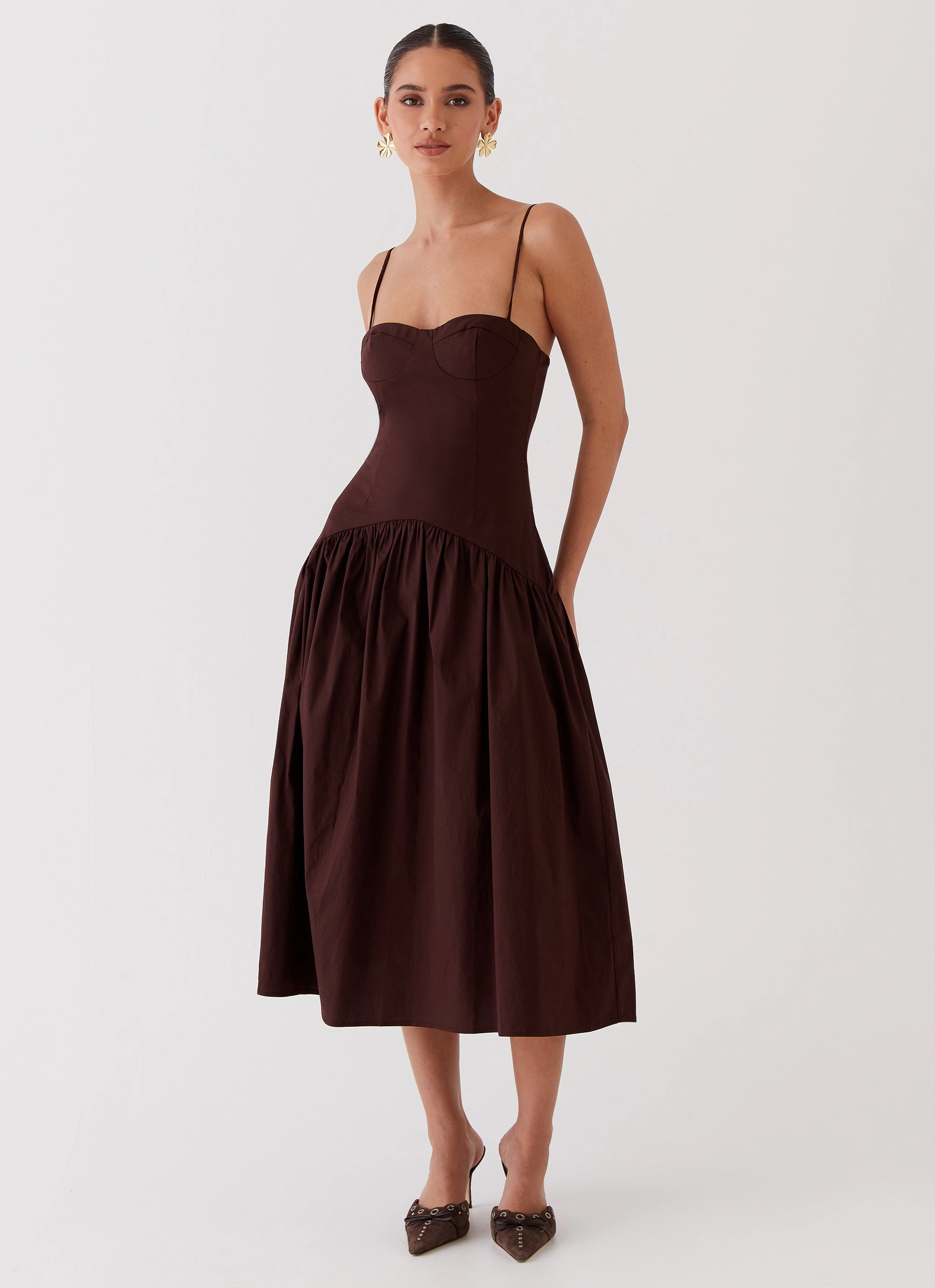 Yvette Corset Midi Dress - Chocolate Luxurious Texture