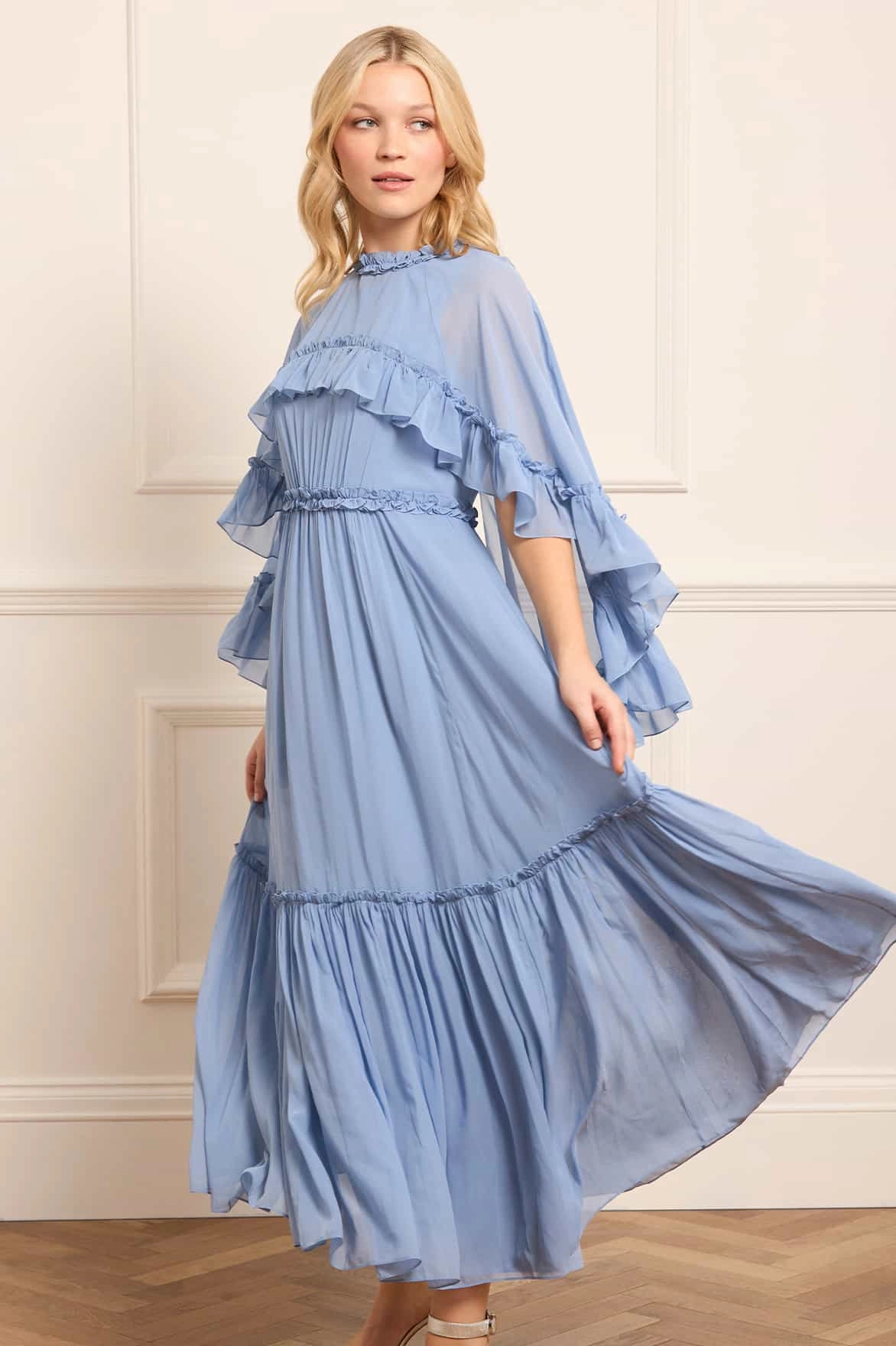 Trendy Fit Flattering Lines Harper Chiffon Cape Ankle Gown