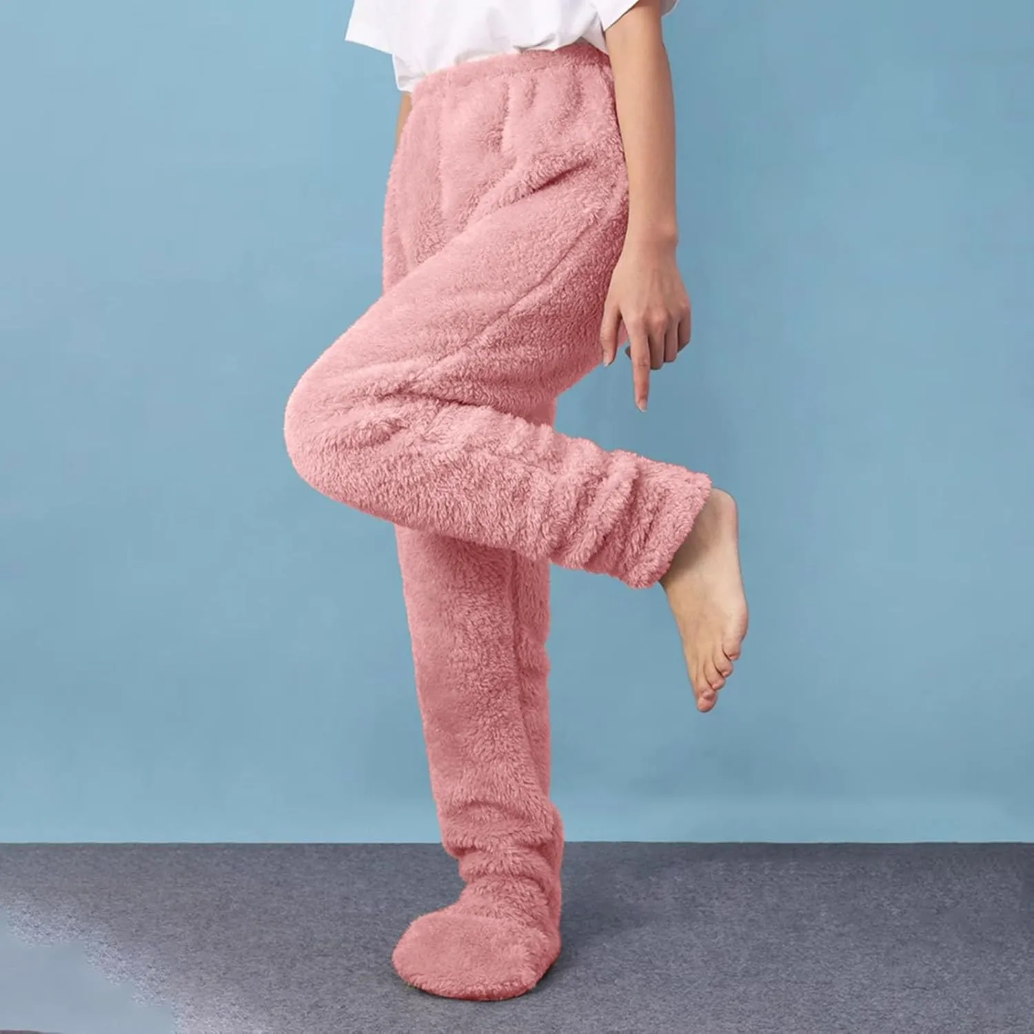 Sunward Womens Winter Pajama Pants Fuzzy Fluffy Adult Footie Pajama Pants Cozy Comfy Thermal Pants Thick Plush Lounge Pants