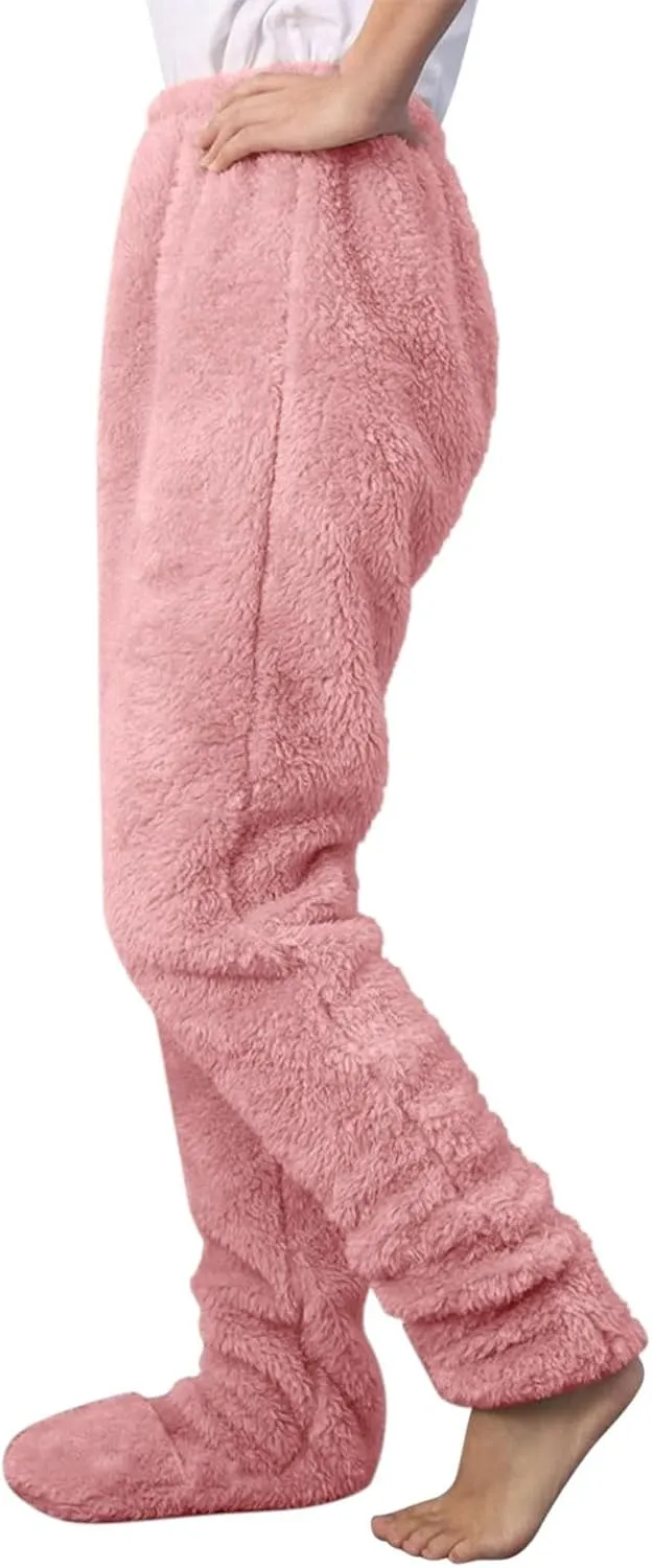 Sunward Womens Winter Pajama Pants Fuzzy Fluffy Adult Footie Pajama Pants Cozy Comfy Thermal Pants Thick Plush Lounge Pants