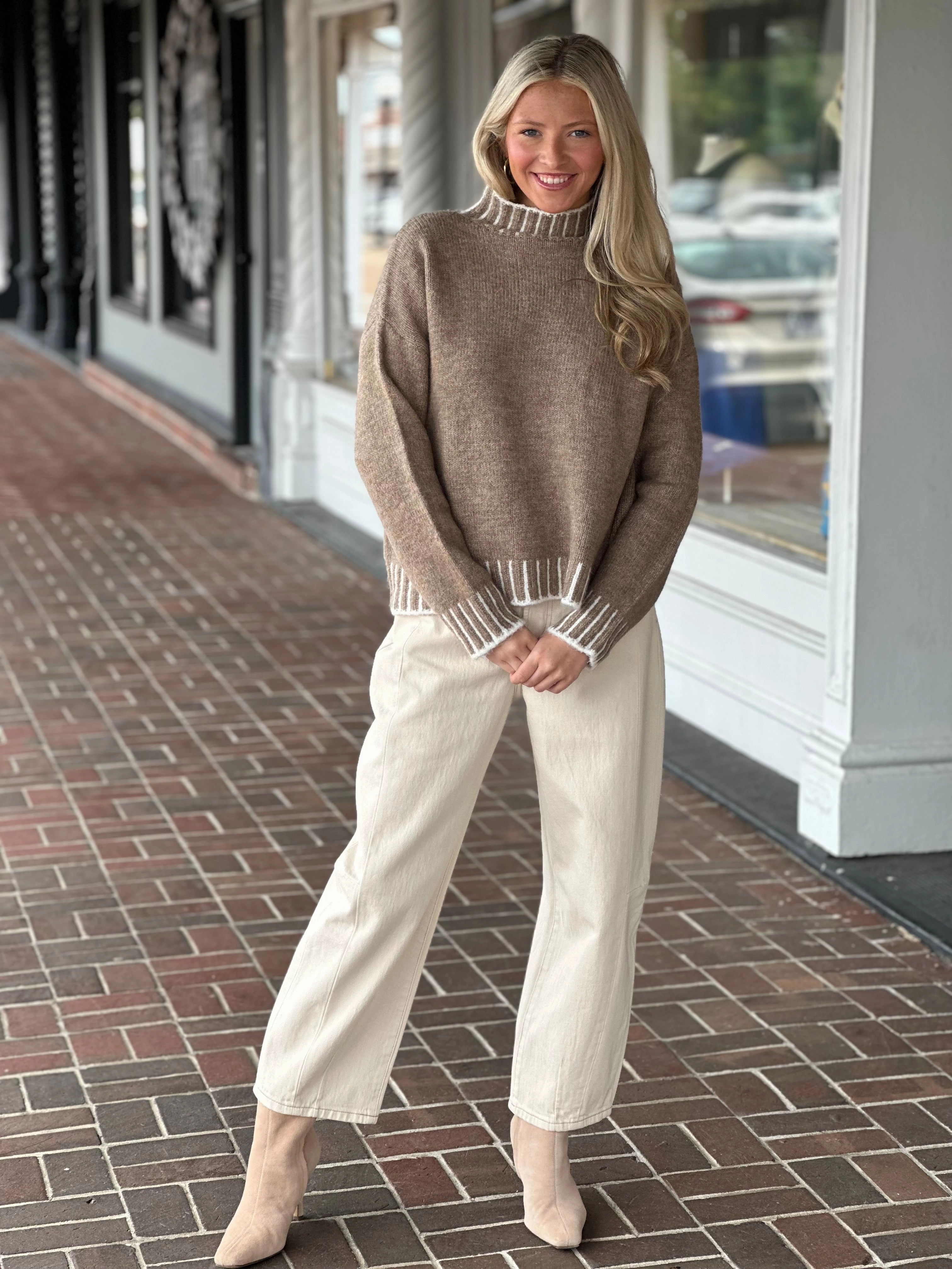 Adaptive Temperature Control Breathable Mesh Insert Favorite Stitch Sweater in Tan