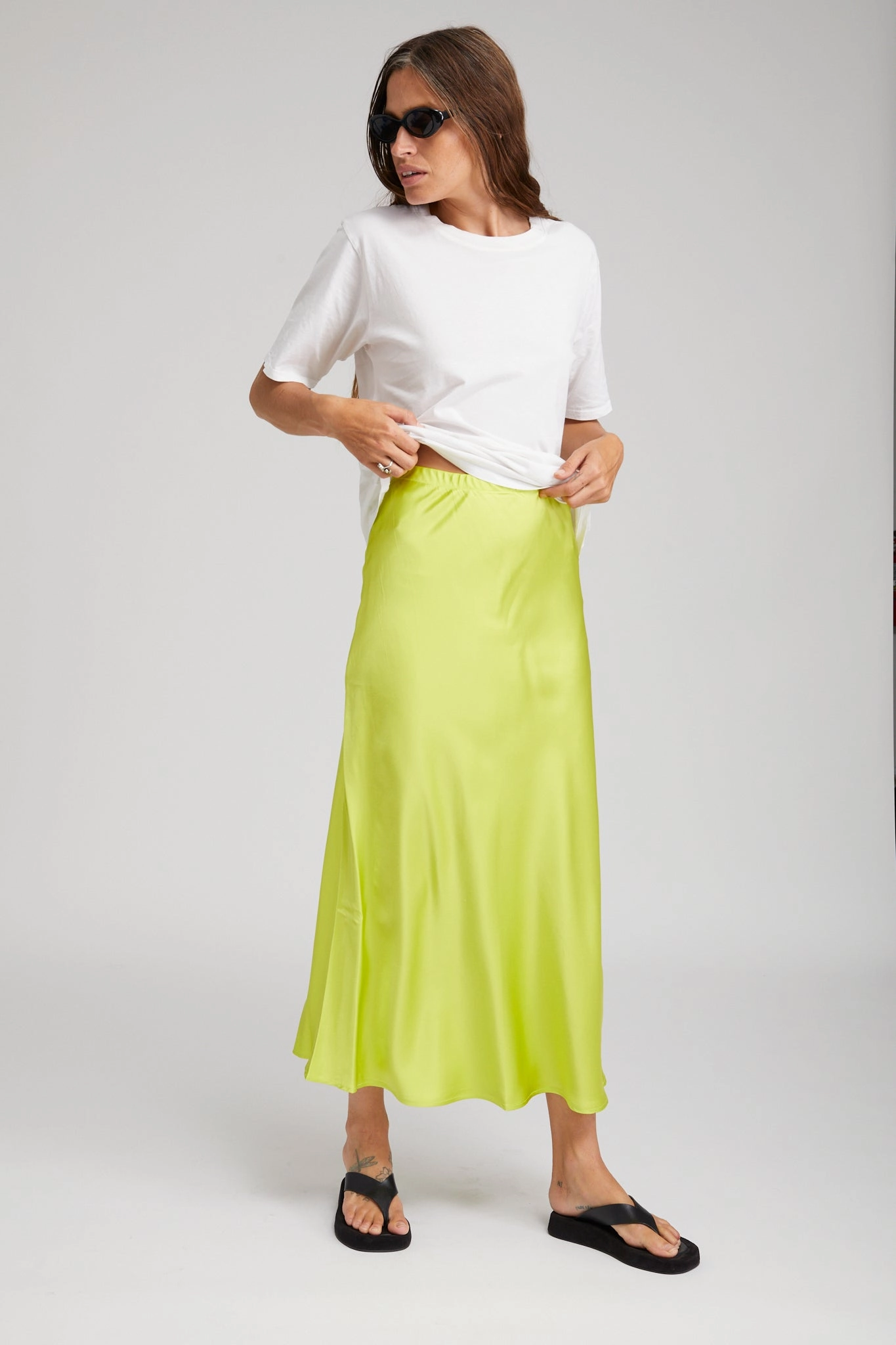Minimal Vibe Electric Chartreuse Silk Bias Maxi Skirt