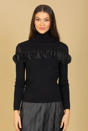 Wool Turtle Neck Sweater in Black Stretch Fit Top