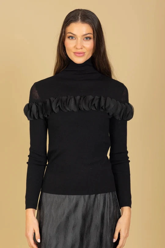 Wool Turtle Neck Sweater in Black Stretch Fit Top