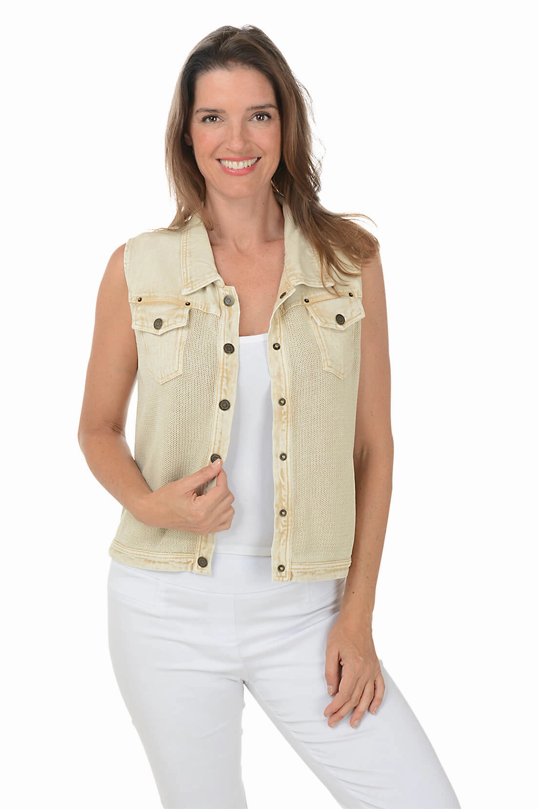 Button-Front Denim Sweater Vest NonScratchSurface Lightweight Blouse