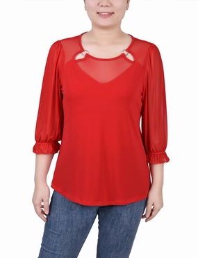 Soft Cotton Blend Versatile Shirt Petite 3/4 Sleeve Ringed Top With Mesh