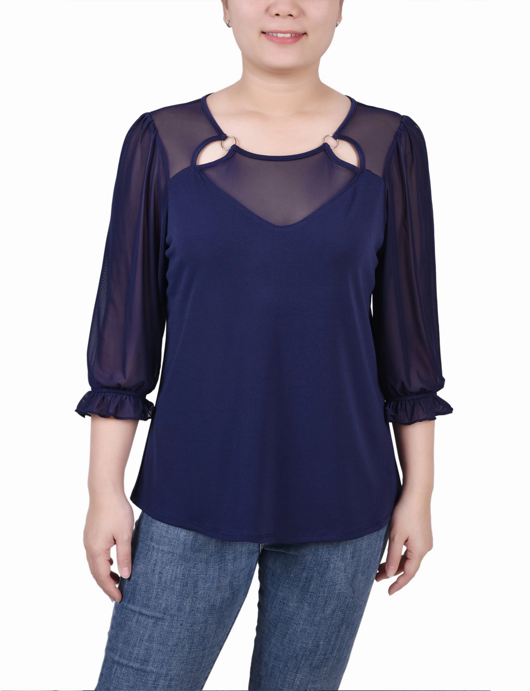 Petite 3/4 Sleeve Ringed Top With Mesh AbrasionResistantEdging Anti Slip Shoulder Padding