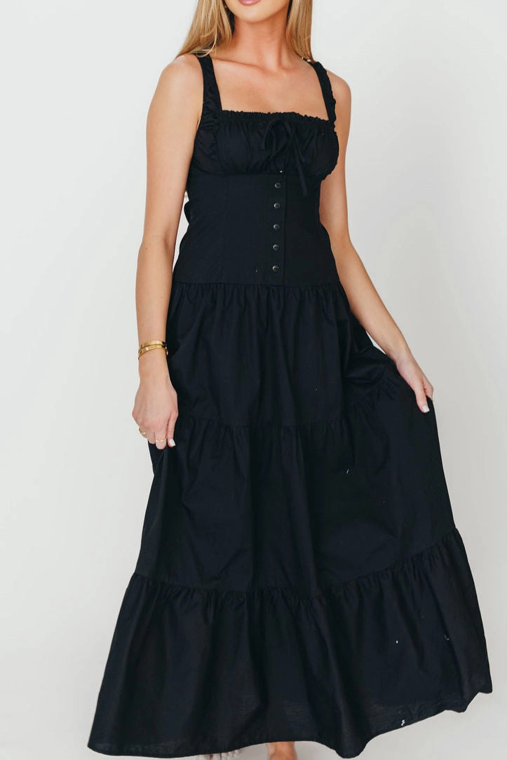 Sutton Corset Button Down Tiered Maxi Dress in Black *Final-Sale* Texture Edge
