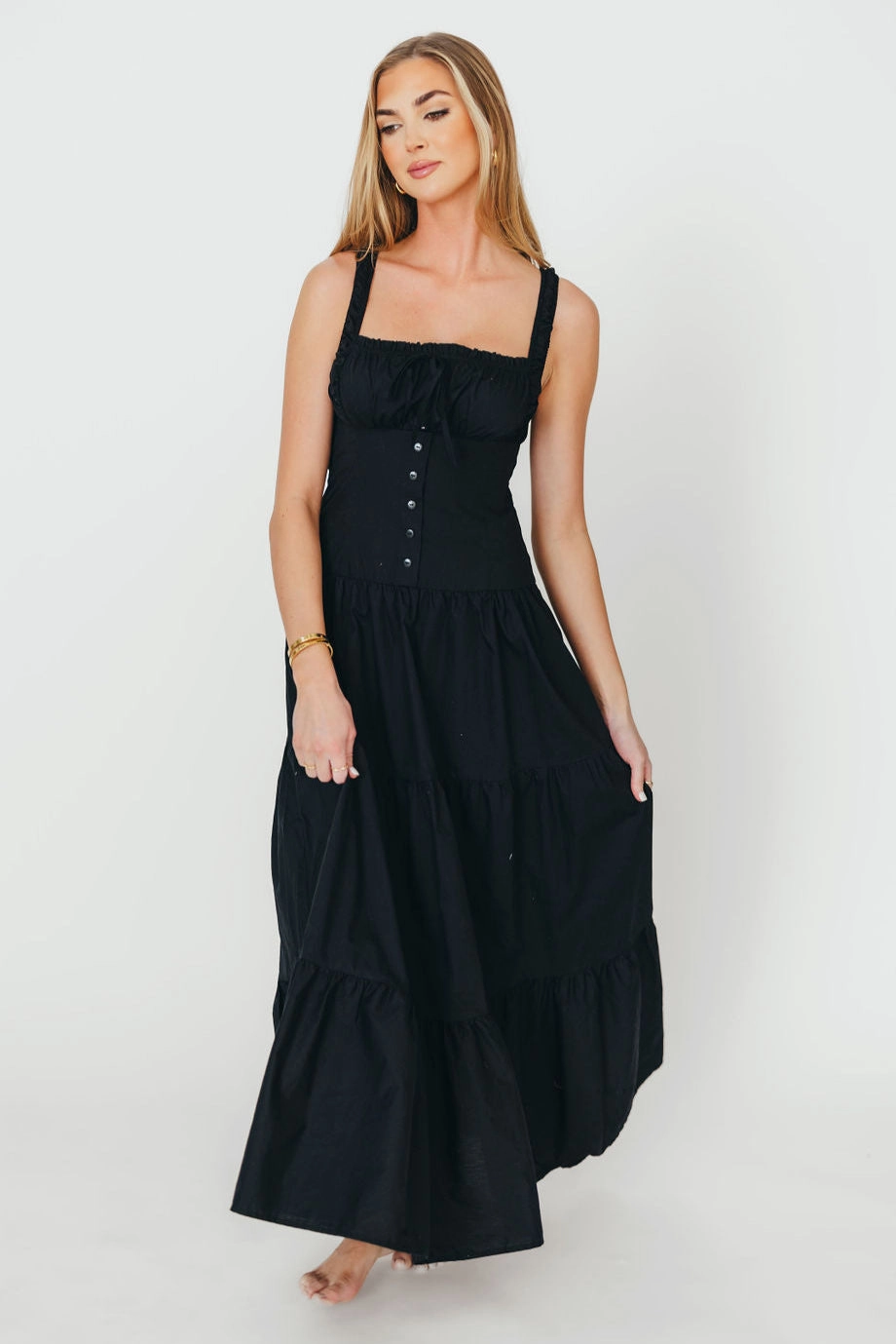 Relaxed Fit Design Sutton Corset Button Down Tiered Maxi Dress in Black *Final-Sale*
