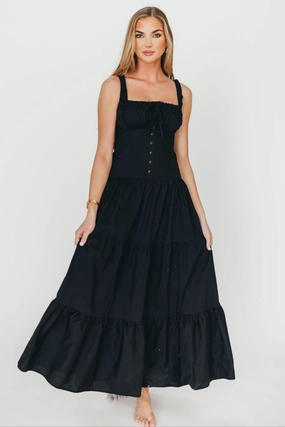 Sutton Corset Button Down Tiered Maxi Dress in Black *Final-Sale* Elegant formal piece