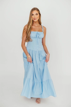 Layered Fabric Petite friendly Sutton Corset Button Down Tiered Maxi Dress in Light Blue *Final-Sale*