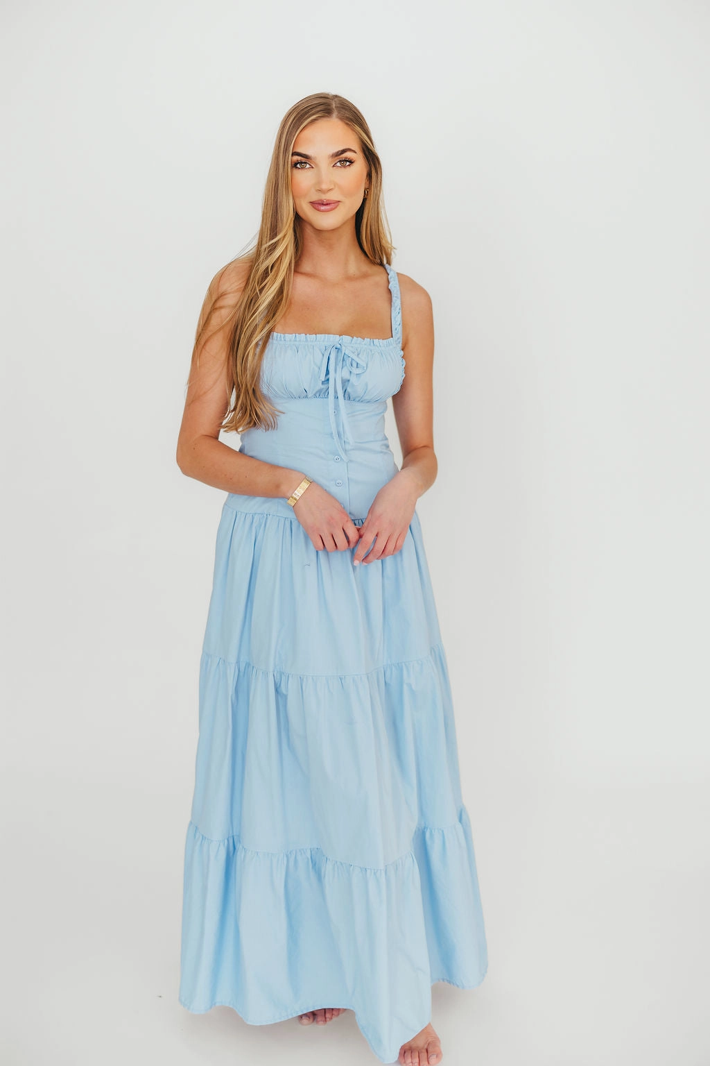 Sutton Corset Button Down Tiered Maxi Dress in Light Blue *Final-Sale* Breath Soft