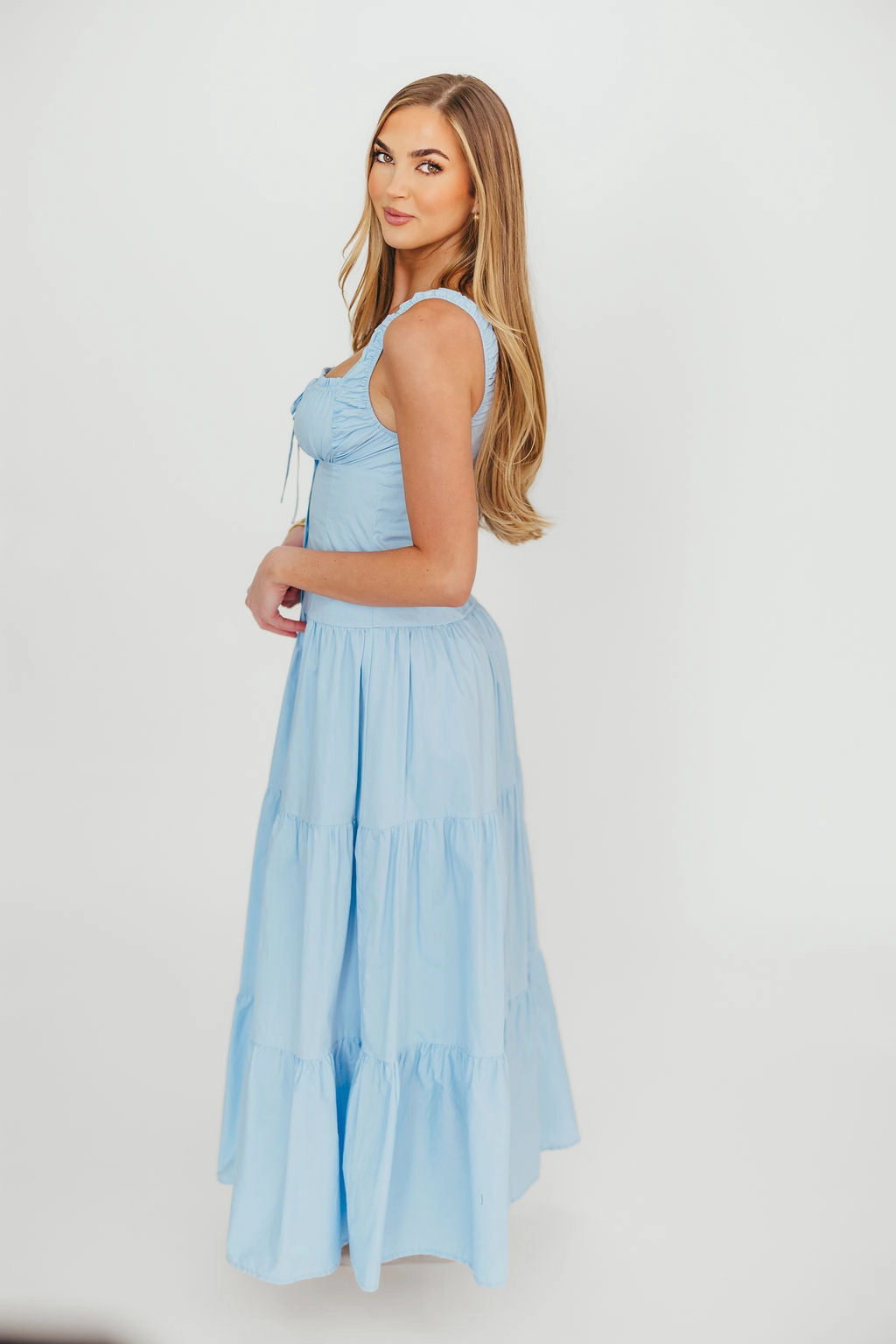 Sutton Corset Button Down Tiered Maxi Dress in Light Blue *Final-Sale* Comfortable and breathable Professional Comfort