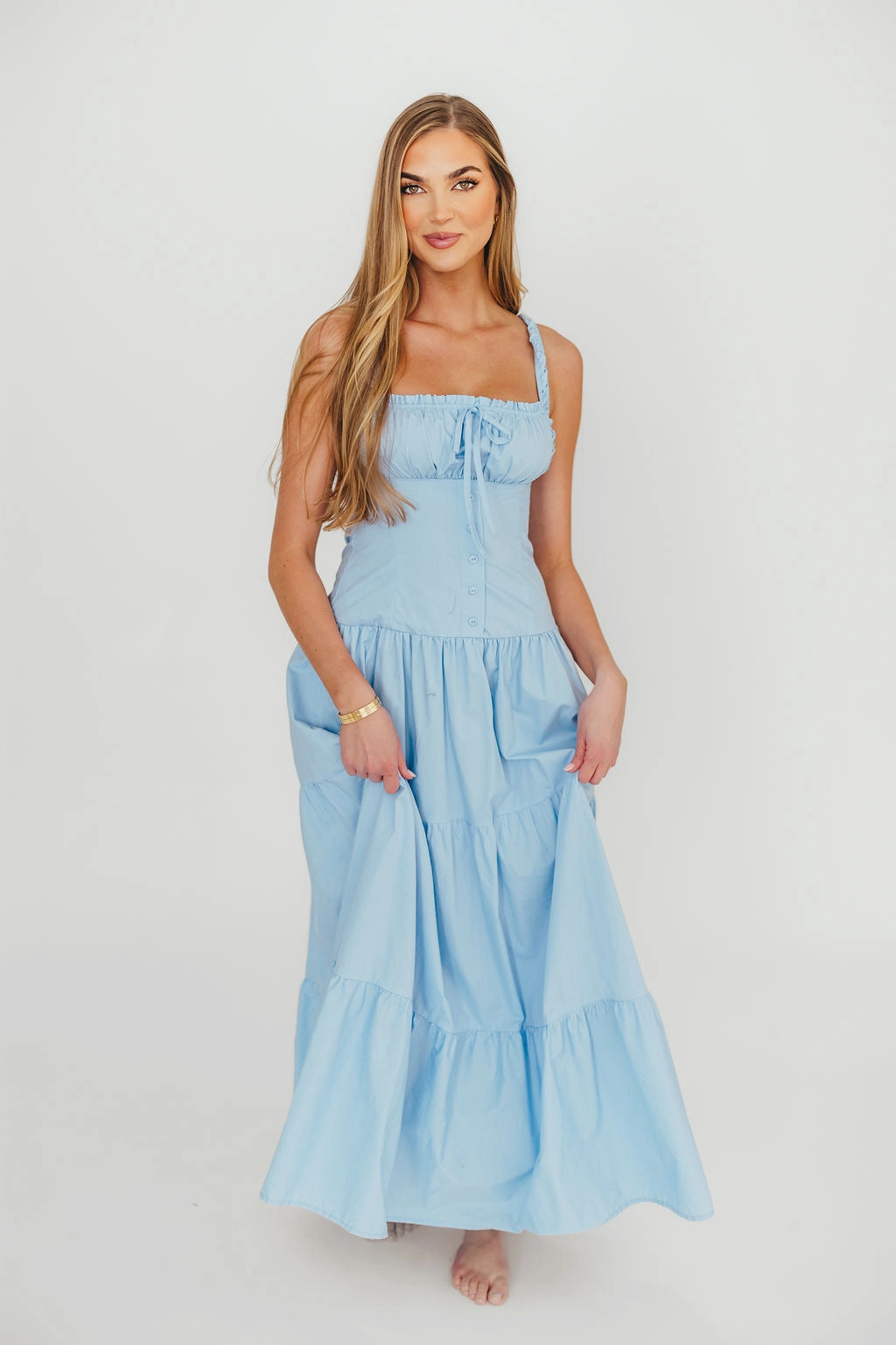 Layered Fabric Petite friendly Sutton Corset Button Down Tiered Maxi Dress in Light Blue *Final-Sale*