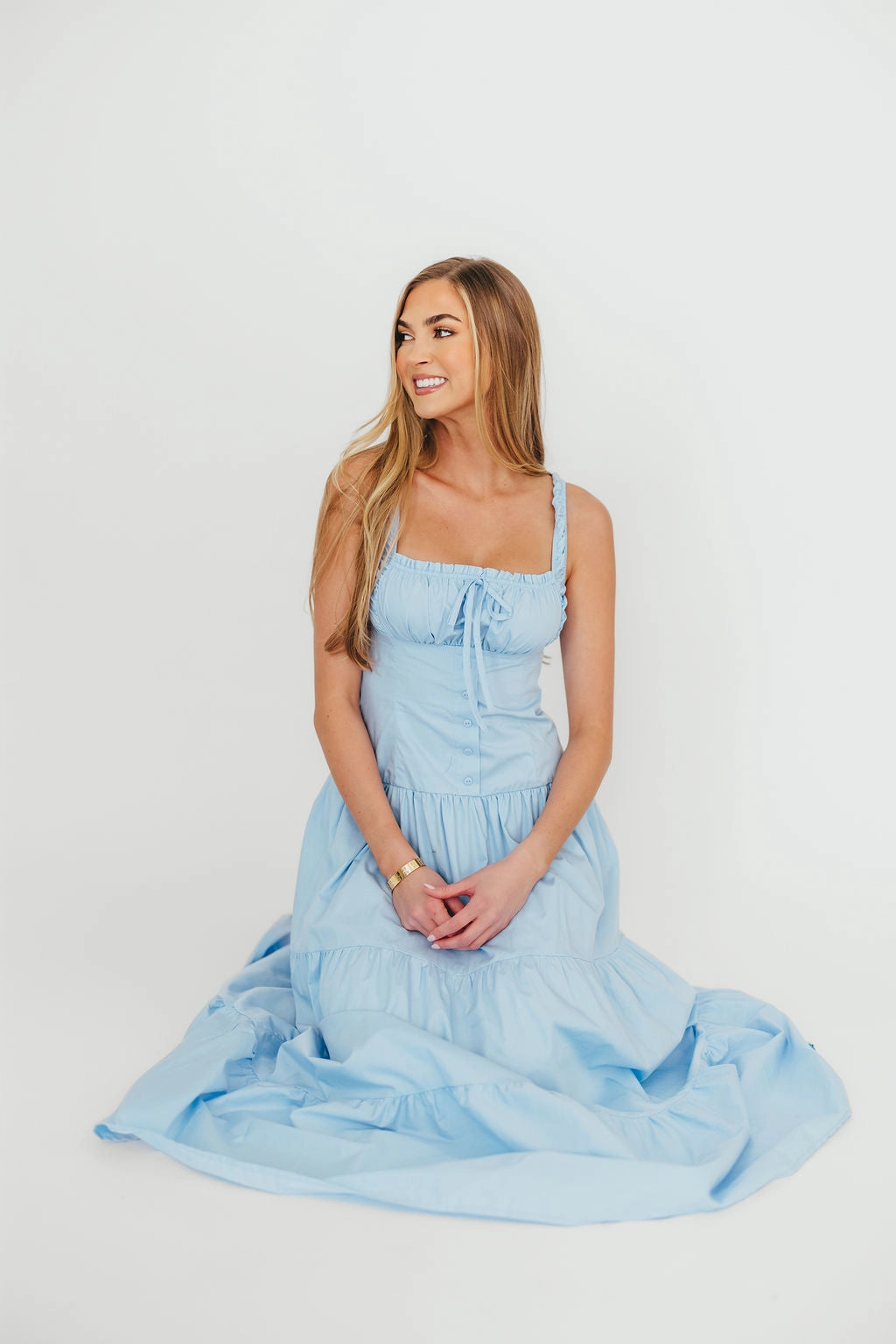 Day Ready Elegant Flow Sutton Corset Button Down Tiered Maxi Dress in Light Blue *Final-Sale*