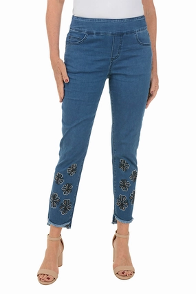 Blue Rhinestone Daisy Denim Pant Non Binding Cuffs Flexible Comfort Wear