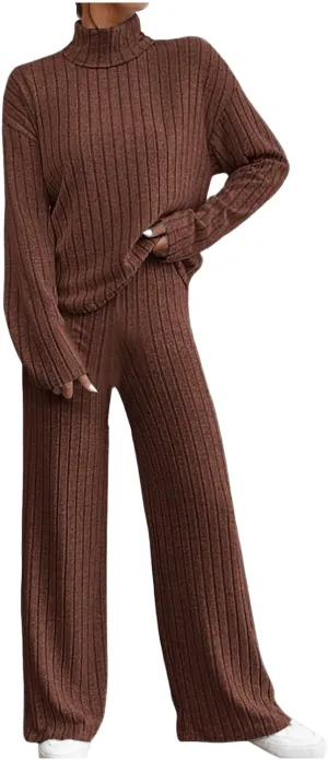 Sweater Set Women 2 Piece Lounge Set Turtleneck Knit Pullover Top and Pants Set Casual Loungewear Comfy Travel Outfit
