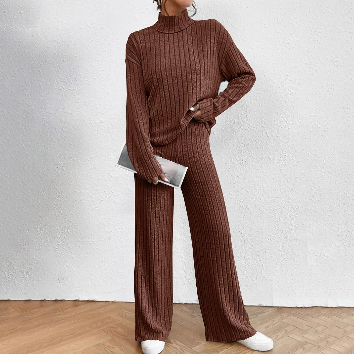 Sweater Set Women 2 Piece Lounge Set Turtleneck Knit Pullover Top and Pants Set Casual Loungewear Comfy Travel Outfit